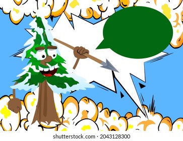 Cartoon winter pine trees with faces holding spear in his hand. Cute forest trees. Snow on pine cartoon character, funny holiday vector illustration.