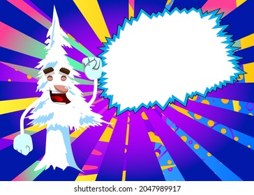 Cartoon winter pine trees with faces making power to the people fist gesture. Cute forest trees. Snow on pine cartoon character, funny holiday vector illustration.