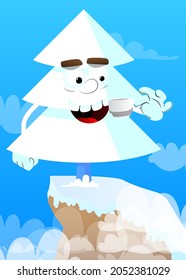 Cartoon winter pine trees with faces drinking coffee. Cute forest trees. Snow on pine cartoon character, funny holiday vector illustration.