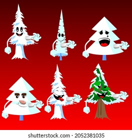 Cartoon winter pine trees with faces drinking coffee. Cute forest trees. Snow on pine cartoon character, funny holiday vector illustration.