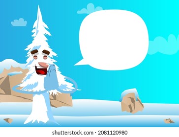 Cartoon winter pine trees with faces with praying hands. Cute forest trees. Snow on pine cartoon character, funny holiday vector illustration.