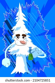 Cartoon winter pine trees with faces holding a test tube. Cute forest trees. Snow on pine cartoon character, funny holiday vector illustration.