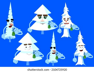 Cartoon winter pine trees with faces holding a test tube. Cute forest trees. Snow on pine cartoon character, funny holiday vector illustration.