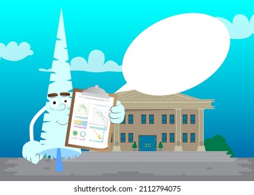 Cartoon winter pine trees with faces shows finance report. Cute forest trees. Snow on pine cartoon character, funny holiday vector illustration.