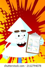 Cartoon winter pine trees with faces shows finance report. Cute forest trees. Snow on pine cartoon character, funny holiday vector illustration.