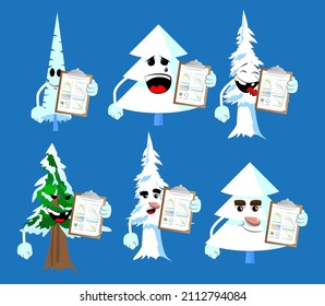 Cartoon winter pine trees with faces shows finance report. Cute forest trees. Snow on pine cartoon character, funny holiday vector illustration.