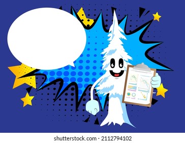 Cartoon winter pine trees with faces shows finance report. Cute forest trees. Snow on pine cartoon character, funny holiday vector illustration.