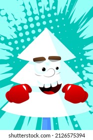 Cartoon winter pine trees with faces holding his fists in front of him ready to fight wearing boxing gloves. Cute forest trees. Snow on pine cartoon character.