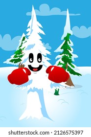 Cartoon winter pine trees with faces holding his fists in front of him ready to fight wearing boxing gloves. Cute forest trees. Snow on pine cartoon character.