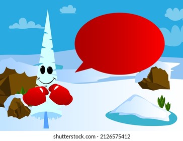 Cartoon winter pine trees with faces holding his fists in front of him ready to fight wearing boxing gloves. Cute forest trees. Snow on pine cartoon character.