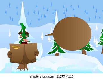 Cartoon winter pine trees with faces reading a book. Cute forest trees. Snow on pine cartoon character, funny holiday vector illustration.