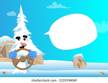 Cartoon winter pine trees with faces driving, holding a steering wheel. Cute forest trees. Snow on pine cartoon character, funny holiday vector illustration.