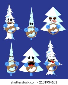 Cartoon winter pine trees with faces driving, holding a steering wheel. Cute forest trees. Snow on pine cartoon character, funny holiday vector illustration.