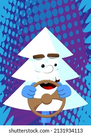 Pinares de invierno de dibujos animados con rostros conduciendo, sosteniendo un volante. Árboles de bosque. Nieve sobre personaje de dibujos animados de pino, divertida ilustración vectorial de vacaciones.