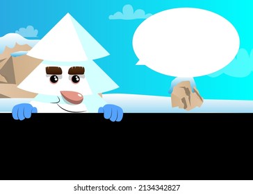 Cartoon winter pine trees with faces holding black empty sign. Cute forest trees. Snow on pine cartoon character, funny holiday vector illustration.