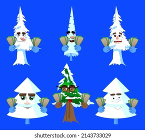 Cartoon winter pine trees with faces holding or showing money bills. Cute forest trees. Snow on pine cartoon character, funny holiday vector illustration.