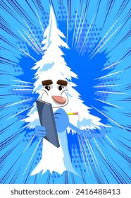 Cartoon Winterkiefern mit Gesichtern, die auf einem Buchumschlag schreiben. Laute Waldbäume. Schnee auf Kiefernkarikaturencharakter, lustige UrlaubskVektorgrafik.