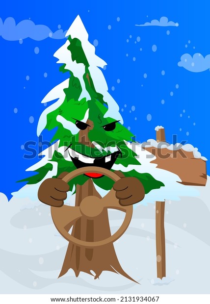Cartoon winter pine trees with faces\
driving, holding a steering wheel. Cute forest trees. Snow on pine\
cartoon character, funny holiday vector\
illustration.