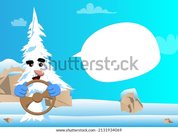 Cartoon winter pine trees with faces\
driving, holding a steering wheel. Cute forest trees. Snow on pine\
cartoon character, funny holiday vector\
illustration.