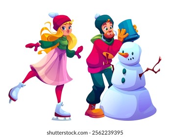 Cartoon winter scene with girl ice skating, bearded man putting bucket on white snowman head. Cheerful people characters wearing warm colorful clothes walking and having fun during Christmas holidays