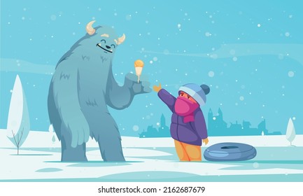 Cartoon winter scenery with little boy treating cute yeti with ice cream vector illustration