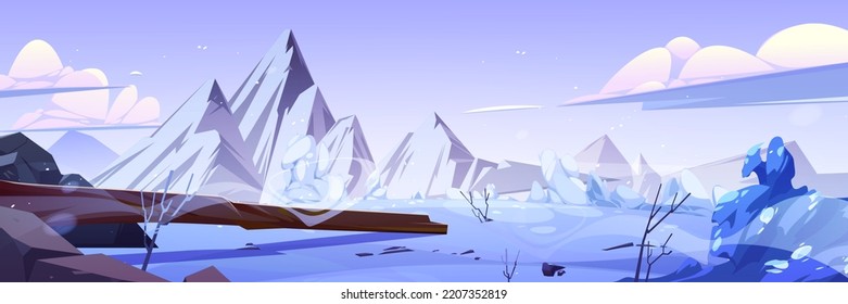 Cartoon winter scenery with rocky mountain range and frozen lake covered with snow, broken tree and bushes, blue sky with clouds. Vector illustration of nordic nature landscape in frosty weather