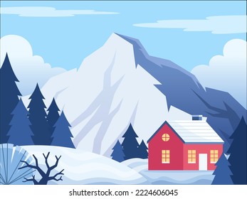 Cartoon winter snowy mountains landscape with house on hill.
Village winter landscape with snow covered houses, mountains, landscape.
Suitable for greeting card, postcard, banner, background, etc