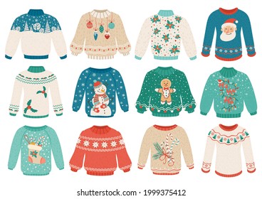 Cartoon winter sweater. Christmas ugly sweaters with snowman, santa, gingerbread men, ornaments. Cozy warm winter knitted clothes vector set. Funny pullover for new year or xmas party