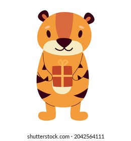 Cartoon winter tiger holding a gift in his hands isolated on a white background. Year of the Tiger and Happy New Year. Vector flat illustration