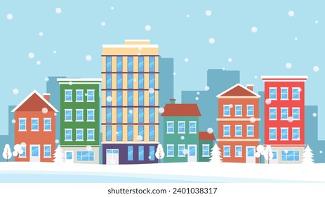 Cartoon winter townscape vector illustration. Winter city landscape with colorful houses, buildings, trees, and snowflakes. Suitable for cover design, templates, banners, web, and pages