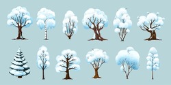 Cartoon Winter Trees, Isolated Vector Plants With Snow On Branches. Wintertime Season Birch And Spruce, Oak, Maple Or Elm Tree In Park, Garden Or Winter Forest. Game Asset