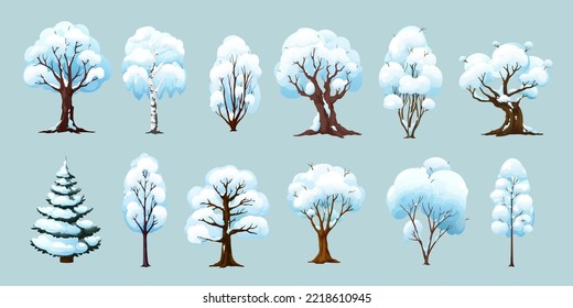 Cartoon winter trees, isolated vector plants with snow on branches. Wintertime season birch and spruce, oak, maple or elm tree in park, garden or winter forest. Game asset
