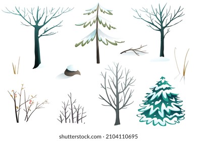 Siluetas de árboles de invierno de dibujos animados y cubiertas con ilustraciones de nieve. Elementos de árboles congelados para el diseño de Navidad y Año Nuevo.  Colección de objetos aislados.  Ilustración vectorial.