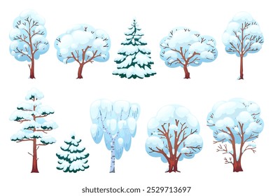 Cartoon winter trees. Snowy branches, coniferous and deciduous plants, christmas forest elements, pines, firs and birches, cold season nature. Vector flat style isolated illustration set