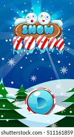Cartoon winter vector start page cute illustration. Funny snowball. Play button. Game Splash-screen.Vertical banner, icon, mobile game.