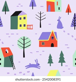 Cartoon winter village seamless pattern with cute houses, trees, animals, hares. Snowy stylized doodle landscape. Vector flat texture for textile, paper, New Year or Christmas decoration