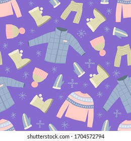 Cartoon Winter Warm Clothes Seamless Pattern Background Include of Hat, Scarf, Glove, Sweater and Jacket. Vector illustration of Icons