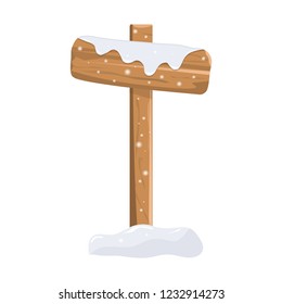 Cartoon winter wooden signpost with snow. Vector illustration