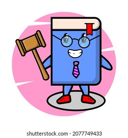 A cartoon wise judge book mascot wearing glasses and holding a hammer with cute style design for t-shirt, sticker, logo element