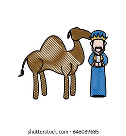 cartoon wise king with camel manger characters