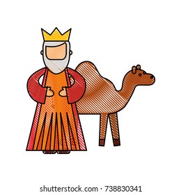 cartoon wise king with camel manger characters