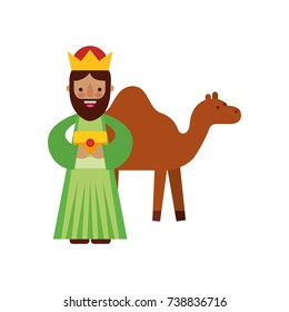 cartoon wise king with camel manger characters