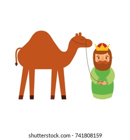 cartoon wise king with camel manger traditional