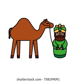 cartoon wise king with camel manger traditional