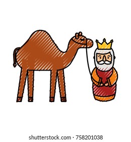 cartoon wise king with camel manger traditional