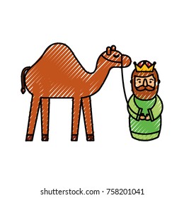 cartoon wise king with camel manger traditional