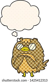 cartoon wise old owl with thought bubble in comic book style