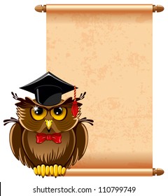 Cartoon wise owl in graduation cap and scroll paper. There is place for your text.