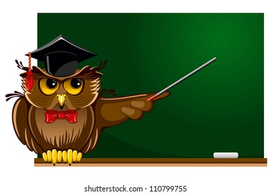 Cartoon wise owl in graduation cap sitting on the school board. There is place for your text.