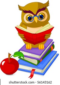 Cartoon wise owl. sitting on Pile book and red apple